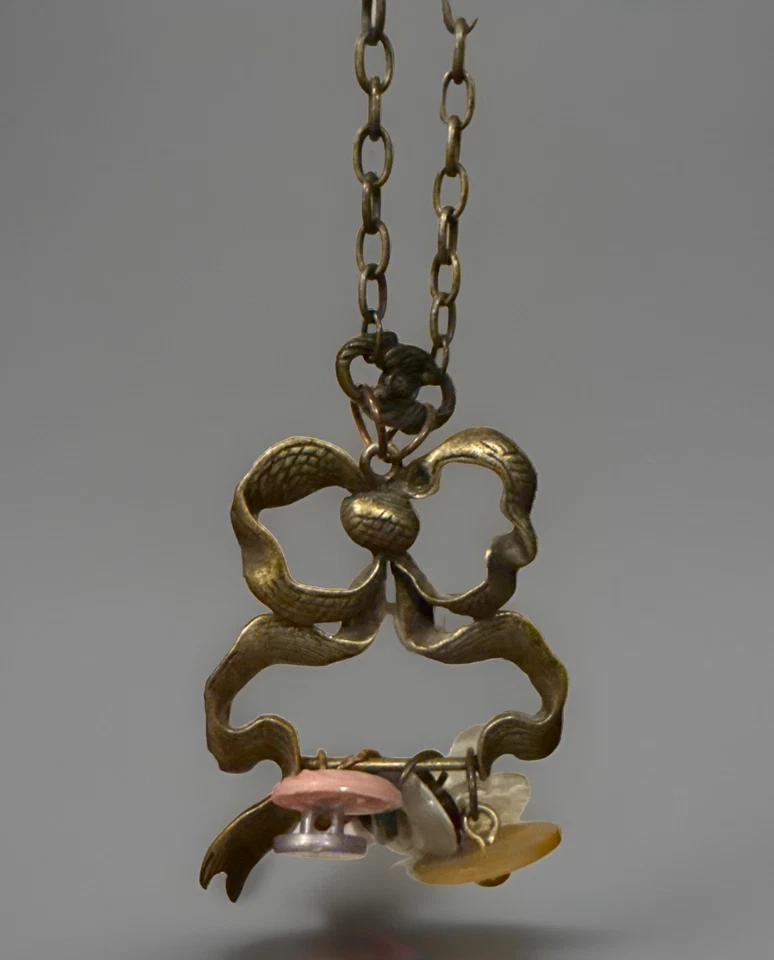 Grandmother’s Buttons Brass Tone 12” Necklace Buttons On Bow Charm Granny Core - Image 1 of 4