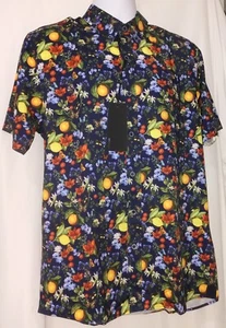 Fried Denim Flower Fruit Navy Short Sleeve Shirt Slim Fit 2016 NYC Large NWT - Picture 1 of 12