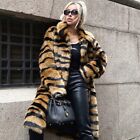 Women Winter Faux Fur Trench Coat Tiger Pattern Striped Loose Overcoat Parkas