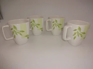 4 White Corning Corelle Rivage Coffee Tea Mugs Cups Square Handle Green Leaves - Picture 1 of 8