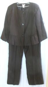 Worthington Pant Suit 16 Brown Linen Modern Fit 3/4 Sleeve Ruffle Hem NWT