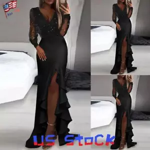 Women Elegant Sequin Long Maxi Dress Mesh Long Sleeve Evening Party Ruffle Dress - Picture 1 of 8