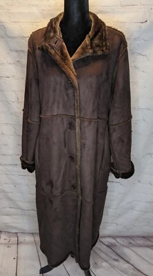 Centigrade Washable Brown Suede Fur Lined Womens Long Button Up Coat Sz M - Image 1 of 4