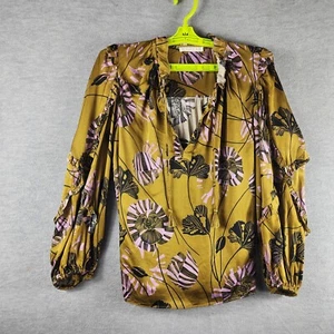 Karlie Woman Satin Floral AOP  Ruffle Top S Mustard Yellow Black Lavender Blouse - Picture 1 of 22