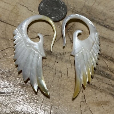 PAIR 6g ORNATE MOTHER OF PEARL SHELL EARRINGS EARRINGS LARGE 2" 3/4 INCH PLUG - Image 1 of 4