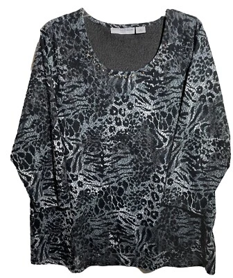 Sag Harbor Womens 1X Pullover Stretch Black Animal Print Scoop Neck 3/4 Sleeve — 第 1/4 张图片