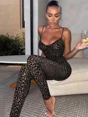 Sexy Mono Ajustado Estampado de Leopardo Body Mameluco Ropa de Club Fiesta Semi Transparente Foto 1 de 4