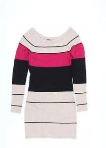 Bebe Women's Beige Black Striped Bodycon Dress M - Picture 1 of 12