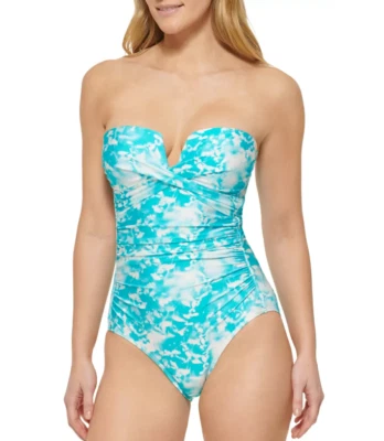 Traje de baño para mujer Calvin Klein estampado muesca en V bandeau de una pieza azul talla 8 4677 Foto 1 de 3