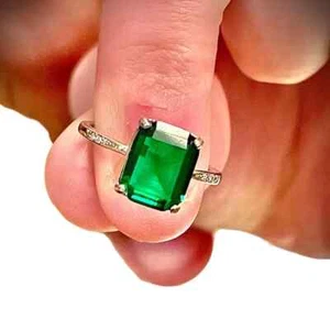 Natural Green Emerald 3Ct Emerald Cut Women Wedding Ring 14k White Gold Plated - Picture 1 of 6