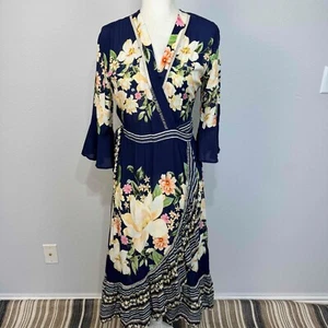 Farm Rio Anthropologie Midnight Flower Wrap Dress 3/4 Sleeves Blue SP - Picture 1 of 14