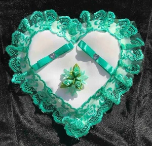 Mint Green, Turquoise, Wedding Ring Pillow, Lace Heart Shape, Bridal Cushion - Picture 1 of 1