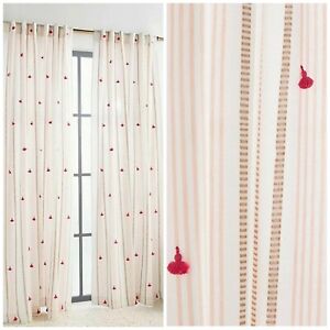 Anthropologie Nara Boho Embroidered Curtain Panel Pink Rose 108x50 Tufts Stripes