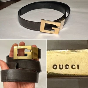 Vintage GUCCI Black/Brown Reversible Leather Belt Brass Buckle Size 38/95 Italy - Picture 1 of 18