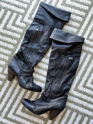 Diesel 90s Y2K Black Leather Slouchy Fold over Cuff Knee High Boot Size 38 HTF! - Image 1 of 4