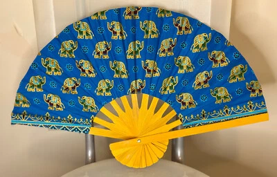Fan Thai Folding Blue Purple Green Elephant Hand Bamboo Thailand Sri Lanka India - Image 1 of 2