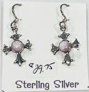 Solid Sterling Silver Pink Mother Of Pearl Cross Earrings With French Hooks - Picture 1 of 4