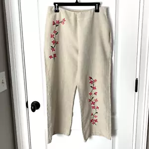 St. Tropez West Linen Pants Women’s 12 Beach Lounge Wide Leg Floral Embroidered - Picture 1 of 7