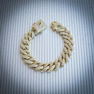 18k Yellow Gold Diamond Prong Cuban Link Bracelet Solid Real Icy 12mm - Picture 1 of 3