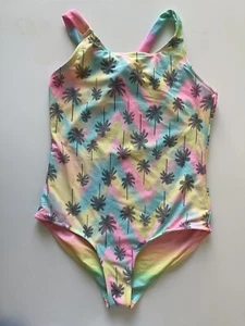 Arizona Jean 1-Piece Juniors Yellow Pink Teal Criss Cross Swimwear Size Large 14 - Picture 1 of 5