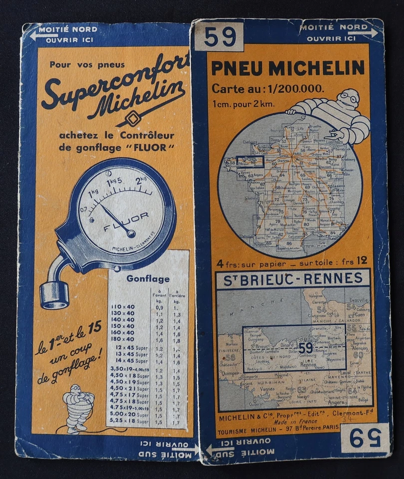 Tarjeta MICHELIN 59 BRETAÑA St BRIEUC RENNES 1934 Guía Bibendum neumáticos mapa - Imagen 1 de 1