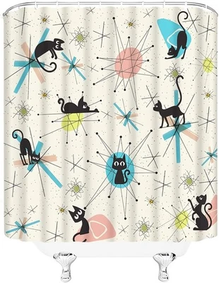 Mid Century Shower Curtain Black Cat Retro Diamond Atomic Starbursts 1950S 1960S - Image 1 of 2