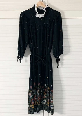 BHS Vintage 80s Dress Size 14 Black Floral Frill Ruffle Neck 3/4 Sleeve - Imagem 1 de 4