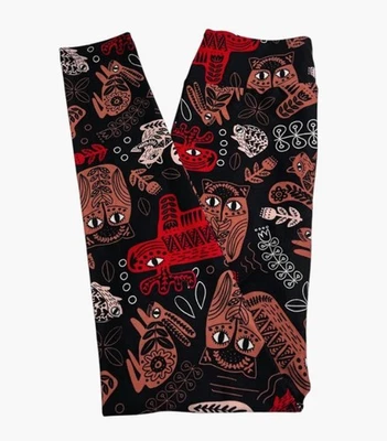 LuLaRoe Leggings OS One Size HTF BLACK RED Animal Rabbit OWL MOOSE Tribal Forest - Image 1 of 4