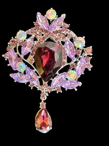 Gorgeous Dangle Teardrop Purple Wine AB Crystal Rhinestone Brooch Pin SilverTone - Picture 1 of 4