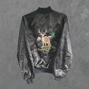 Vintage Satin Bomber Jacket Black Varsity Embroidered Animal Print Jacket L - Picture 1 of 8