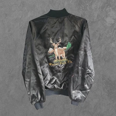 Vintage Satin Bomber Jacket Black Varsity Embroidered Animal Print Jacket L - Image 1 of 4