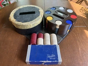 Vintage MCM Poker Chip Set With Wood Carousel, Caddy & Cover + 289 Chips! - Picture 1 of 15