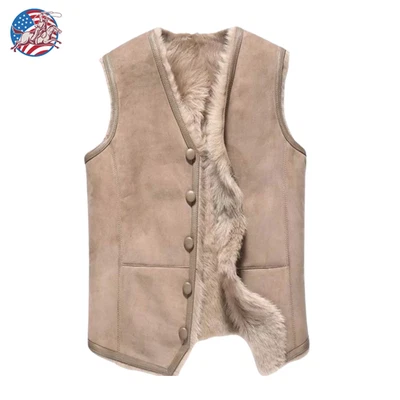 Mens White Suede Leather Vest Western Style with White Fur Trim Cowboy Waistcoat - Image 1 of 4