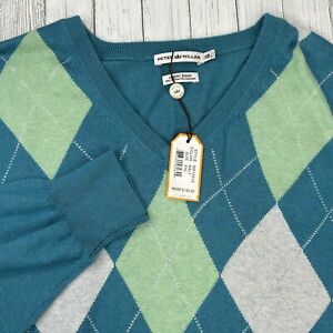 Peter Millar Sweater Mens XXL Luxury V-Neck Cotton Cashmere Argyle $145 New Teal