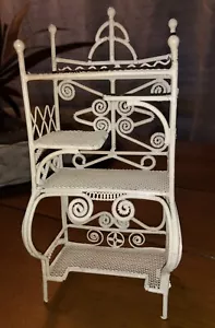 Vintage Miniature Baker’s Rack Dollhouse White Metal Wire Wicker Look 1:12 Scale - Picture 1 of 14
