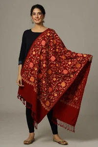Maroon Indian Wool Shawl Embroidered Orange Flowers & Gold Vine Pashmina Ari - Picture 1 of 5