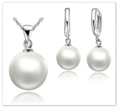 Schmuck Set Halskette Ohrringe 925 Silber Weiße Perlen Damen Modeschmuck - Bild 1 von 4