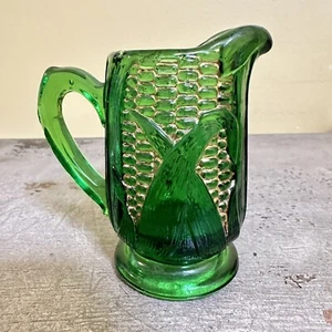 Antique 1890s Glass Emerald Green Gold Trim Corn Cob Creamer Small Pitcher - Picture 1 of 9