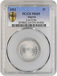 Algeria 5 Centimes 1921, PCGS MS65, "Oran Chamber of Commerce" Top Pop 3/0 - Picture 1 of 2