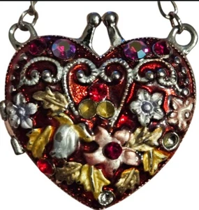 NEW Red Enamel Locket Necklace Floral Heart Rhinestones Silver Tone Jewelry/20"L - Picture 1 of 5