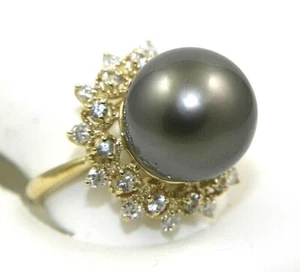 Tahitian Black Pearl & Diamond Halo Solitaire Ring 14k Yellow Gold 13mm .79Ct - Picture 1 of 7