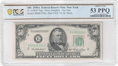 RARE  1950 A $50 FRN  NEW YORK  ⭐ STAR Note  ~ Fr. 2108-B* ~ Ser#  B 0083 1900 * - Image 1 of 2