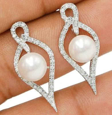 4CT Fresh Water Pearl & Topaz 925 Sterling Silver Earrings Jewelry Y1-2 - Image 1 of 2