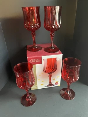 4 Vtg Cristal D’Arques Longchamp Ruby Red Water Goblets W/ Red Stem New In Box - Image 1 of 4