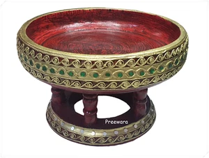 10" Thai Lanna Khantoke Serving Tray Handcraft Restaurant Spa Decor Round Wooden - Picture 1 of 9