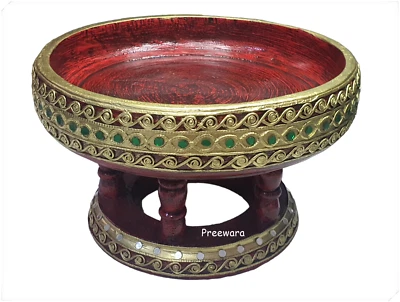 10" Thai Lanna Khantoke Serving Tray Handcraft Restaurant Spa Decor Round Wooden - Image 1 of 4