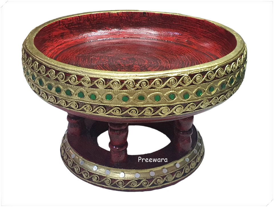 10" Thai Lanna Khantoke Serving Tray Handcraft Restaurant Spa Decor Round Wooden - Image 1 of 4