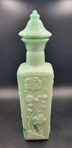 Vtg 1972 Jim Beam Liquor Decanter Jade Green Teal Milk Slag Glass Flower Stopper - Picture 1 of 8