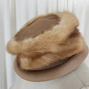 Vintage Doris Designed Tan Mink Fur Ladies Tall Round Bucket Hat Womens 21.5 in - Picture 1 of 7