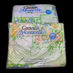 Vintage Cannon Monticello Twin Set Flat Fitted NIP Bright Green Yellow Floral - Picture 1 of 5